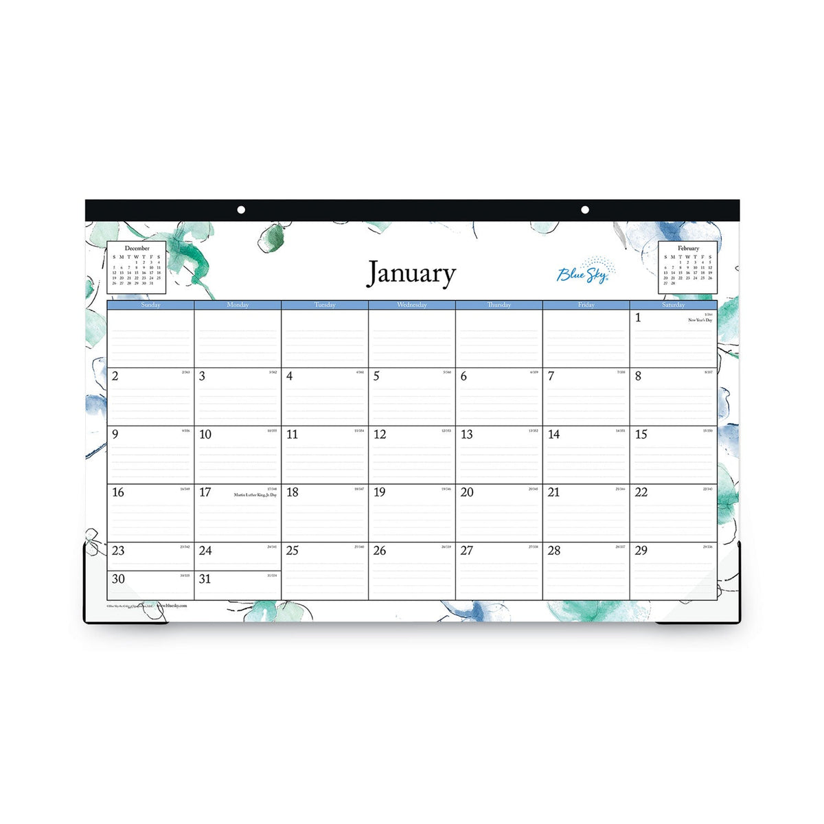 Blue Sky Lindley Desk Pad, Floral Artwork, 17 x 11, White/Blue/Green Sheets, Black Binding, Clear Corners, 12-Month (Jan-Dec): 2023