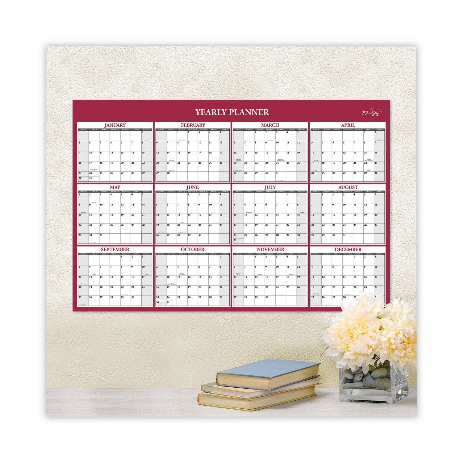 Blue Sky Classic Red Laminated Erasable Wall Calendar, Classic Red Artwork, 36 x 24, White/Red/Gray Sheets, 12-Month (Jan-Dec): 2023