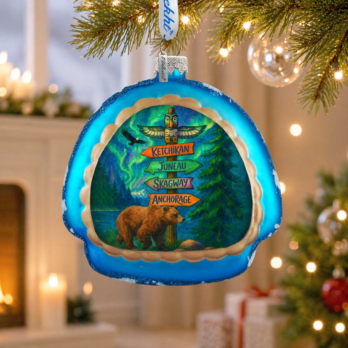 Alaska Bear & Totem Sign Glass Christmas Ornament - 756-028