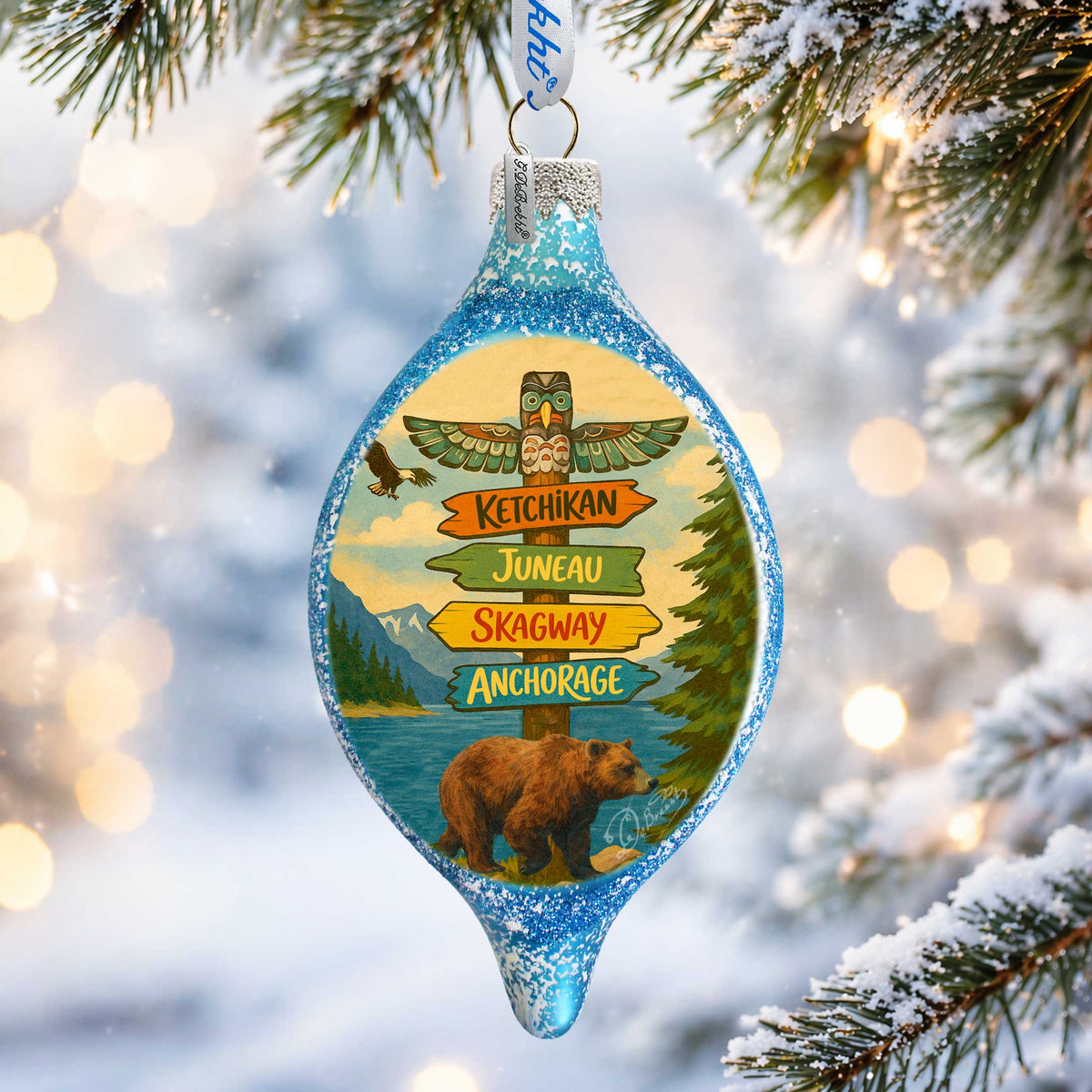 Alaska Bear Destination Signs Handblown Mercury Glass Christmas Ornament by G. Debrekht - 757-057