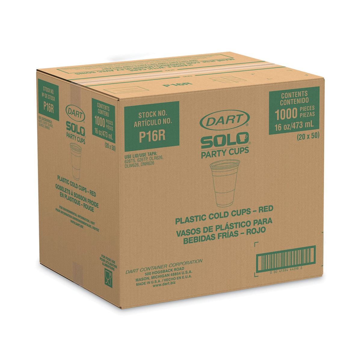 Dart Solo Plastic Party Cold Cups, 16 oz, Red, 50/Pack