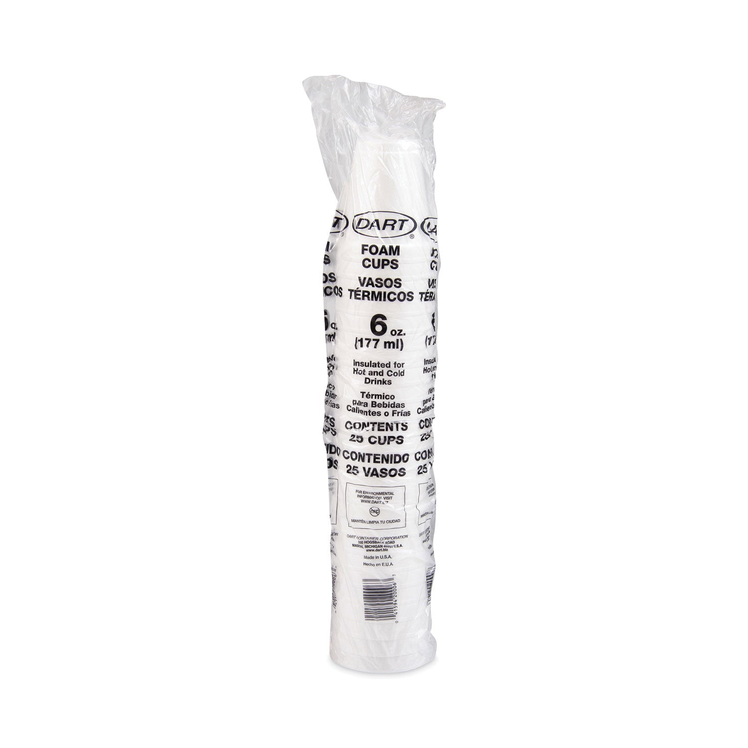 Dart Foam Drink Cups, 6 oz, White, 25/Bag, 40 Bags/Carton