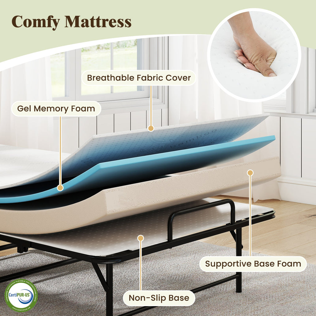 75 x 38 Inch Folding Bed with Mattress Twin Size Rolling Guest Bed