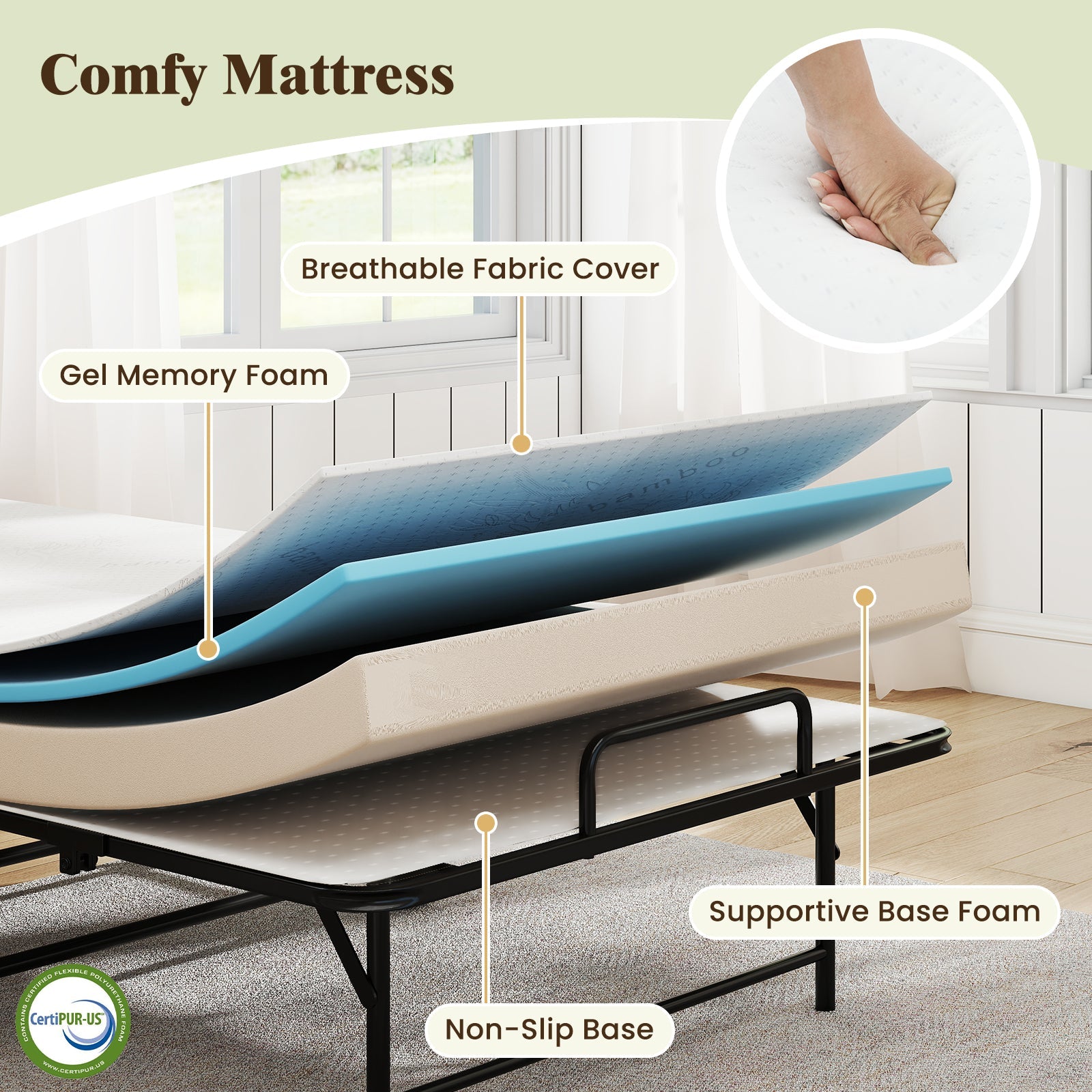 75 x 38 Inch Folding Bed with Mattress Twin Size Rolling Guest Bed