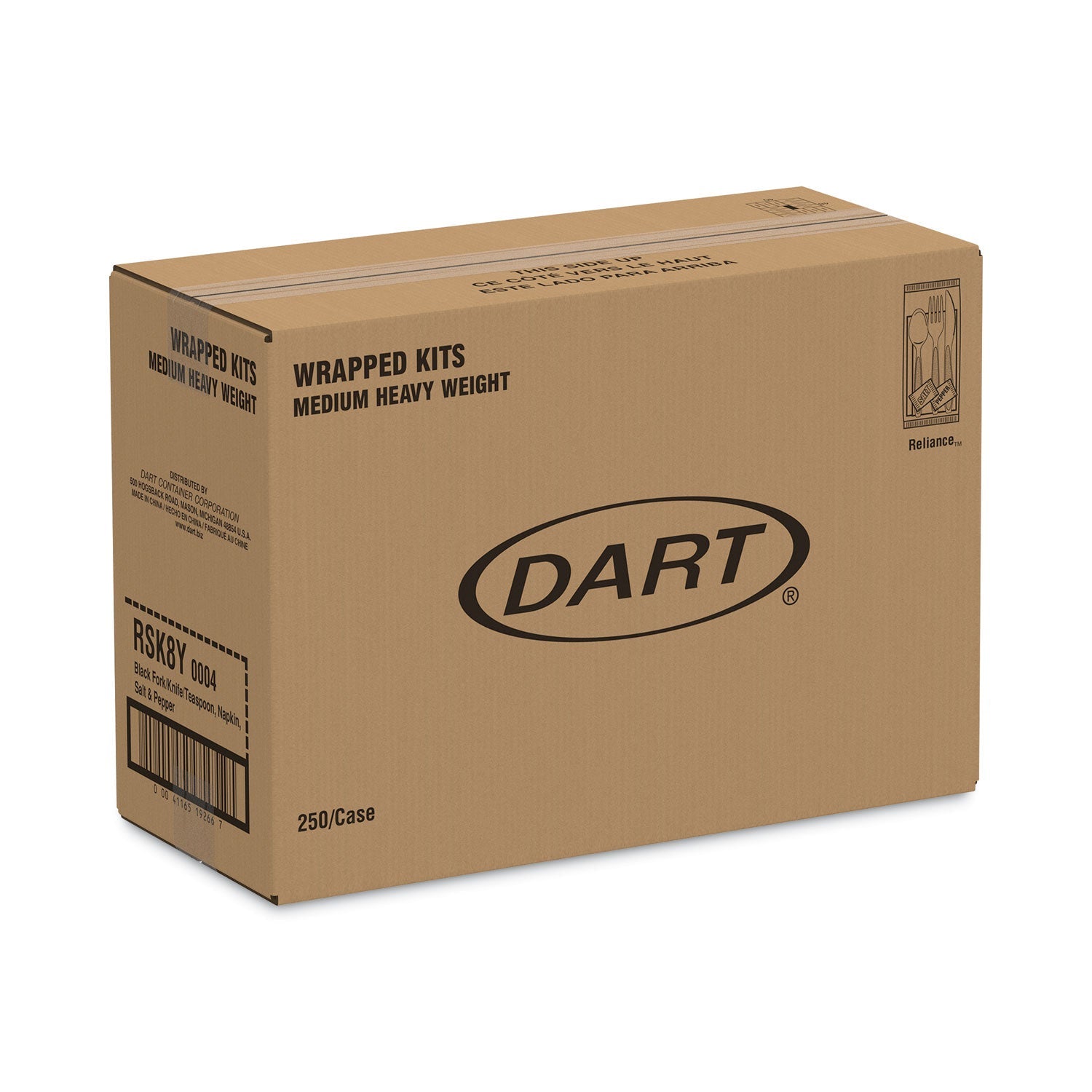 Dart Reliance Mediumweight Cutlery Kit, Knife/Fork/Spoon/Salt/Pepper/Napkin, Black, 250 Kits/Carton