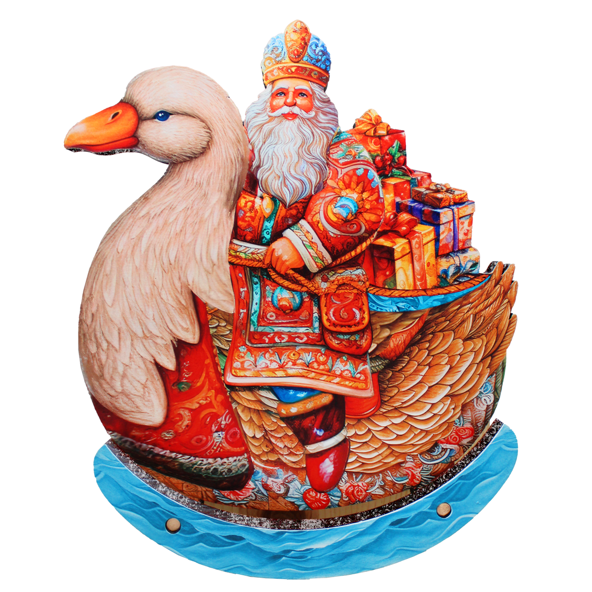 Charming Santa Riding Goose Limited Edition Wooden Figurine Centerpiece by G. Debrekht - Christmas Decor - 89314