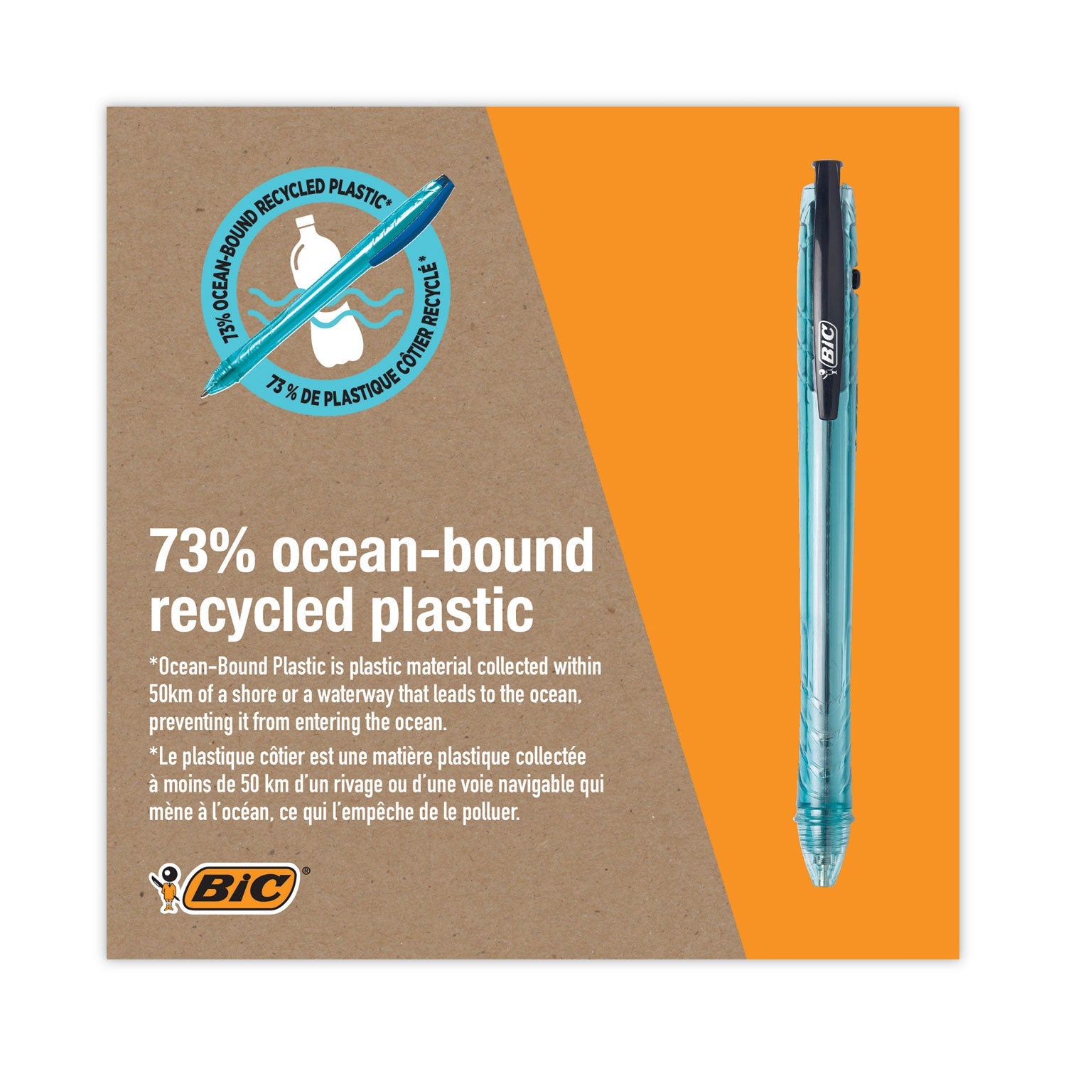 BIC ReVolution Ocean Bound Ballpoint Pen, Retractable, Medium 1 mm, Black Ink/Translucent Blue Barrel, Dozen