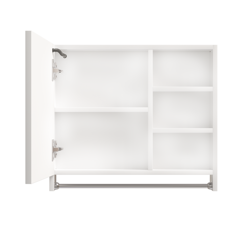Modern 32x28 inch bathroom storage cabinet with mirrors, LED lights, multi-layer storage compartments, and towel racks