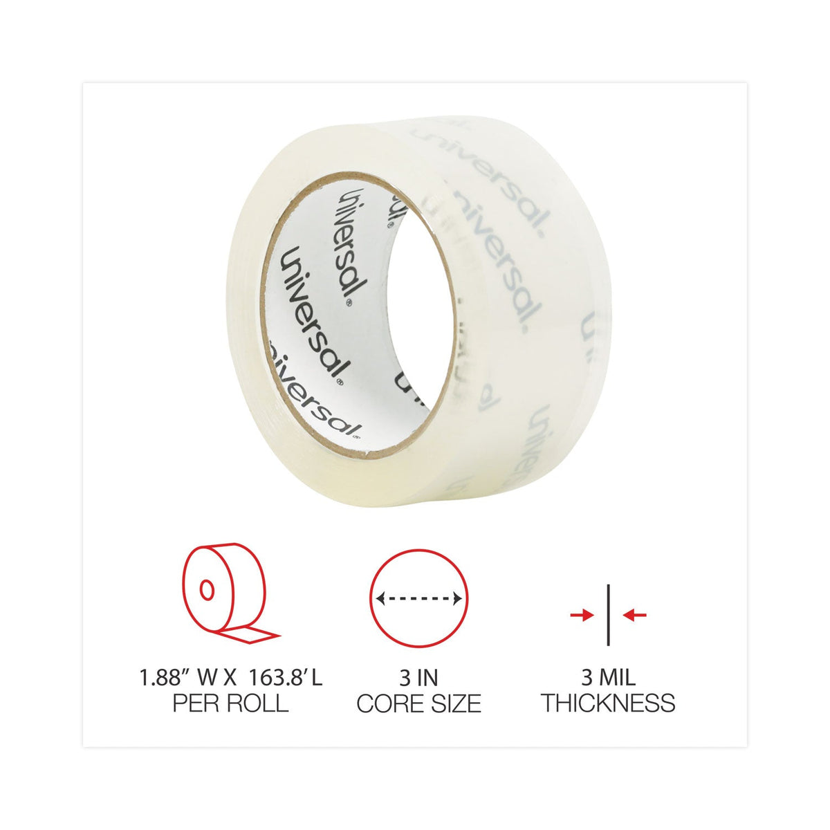 Universal Heavy-Duty Acrylic Box Sealing Tape, 3" Core, 1.88" x 54.6 yds, Clear, 6/Pack