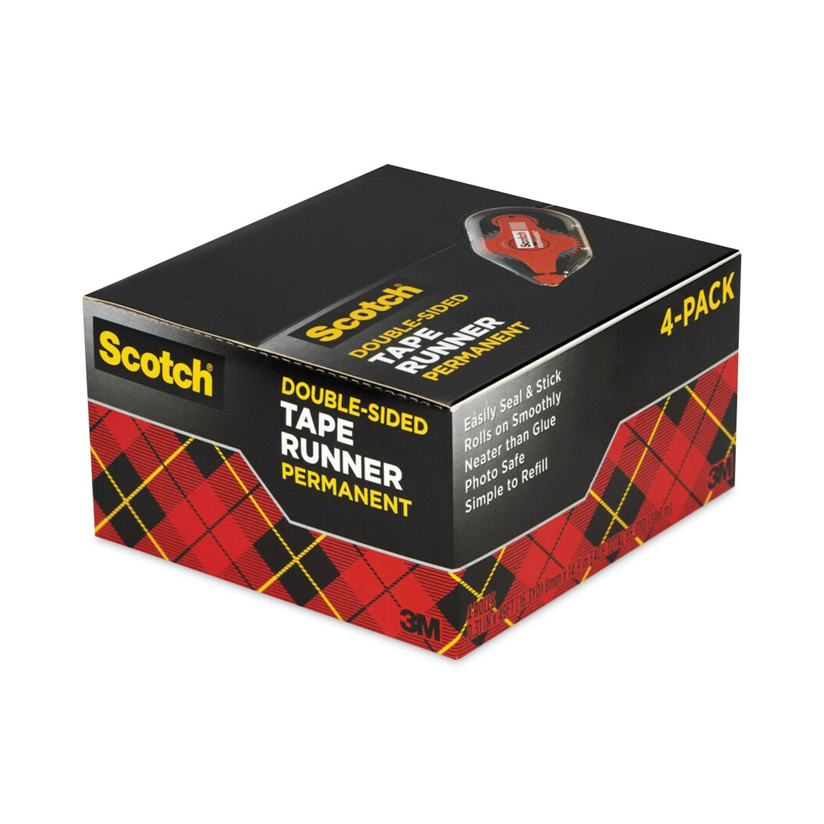 Scotch Tape Runner, 0.31" x 49 ft, Dries Clear, 4/Pack