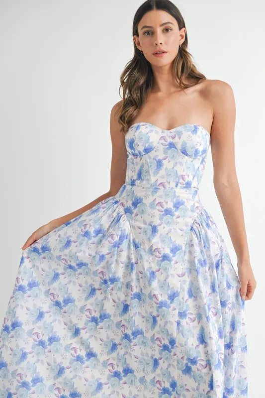 Sweetheart Neckline Floral Printed Midi Dress