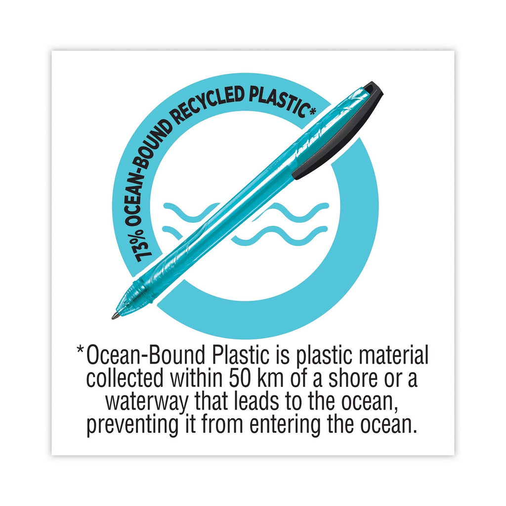 BIC ReVolution Ocean Bound Ballpoint Pen, Retractable, Medium 1 mm, Black Ink/Translucent Blue Barrel, Dozen