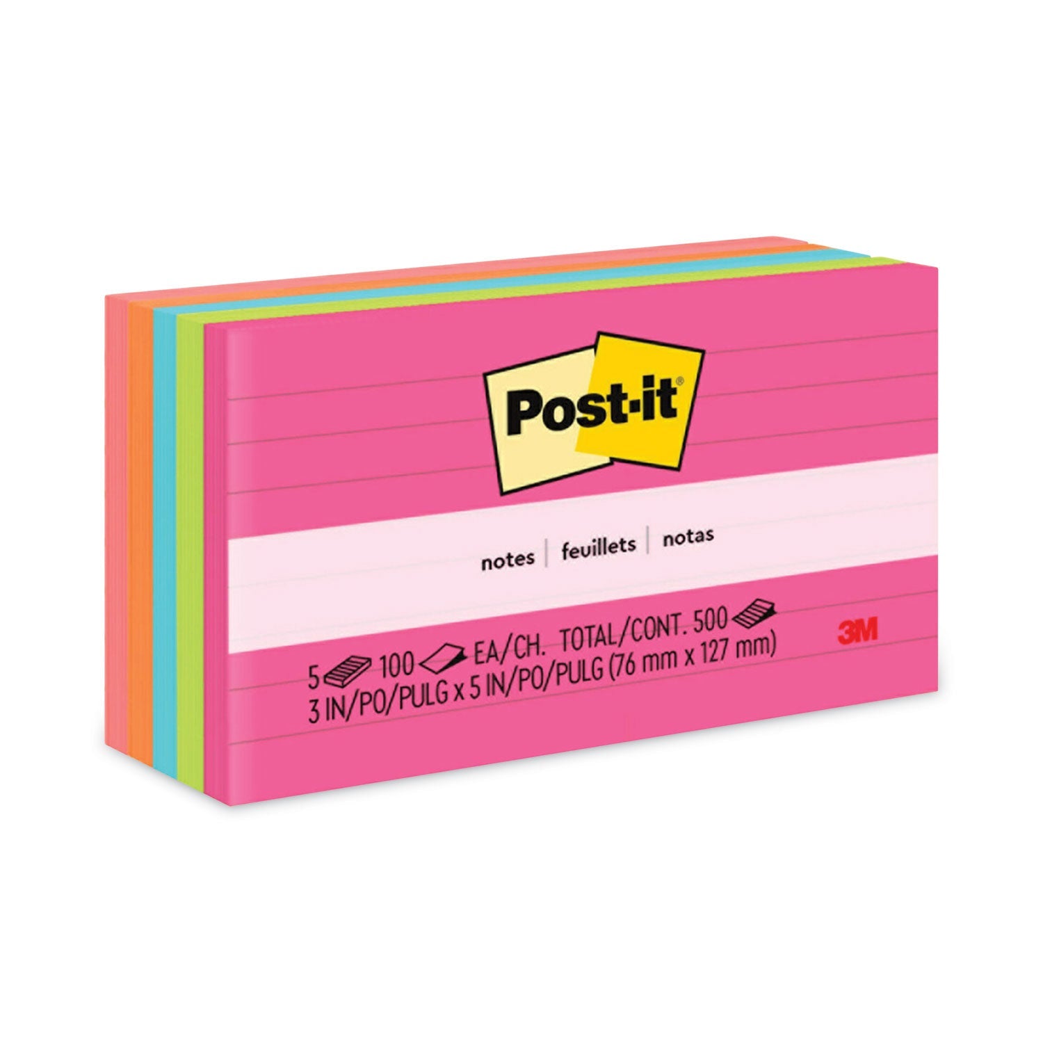 Post-it Original Pads in Poptimistic Collection Colors, Note Ruled, 3" x 5", 100 Sheets/Pad, 5 Pads/Pack