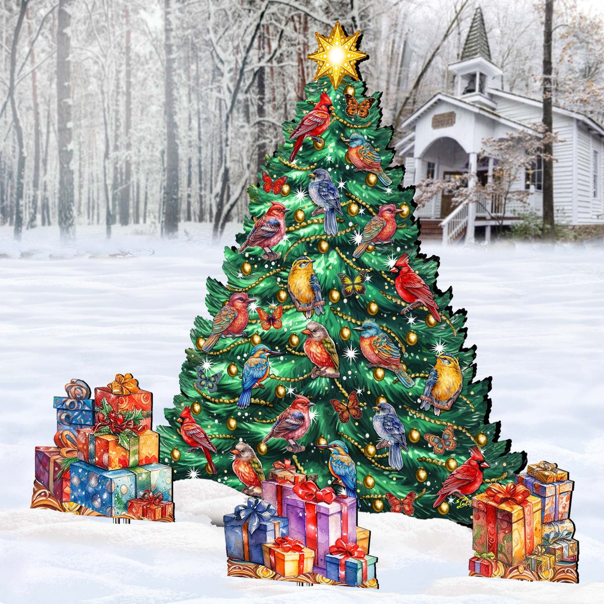 Christmas Birds-Themed Christmas Tree Set Outdoor Indoor Decor Wooden Christmas Decoration by G. Debrekht Christmas Decor - 8191511F-G