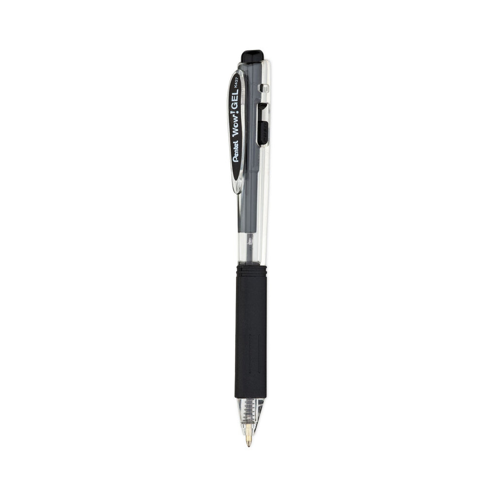 Pentel WOW! Gel Pen Bonus Pack, Retractable, Medium 0.7 mm, Black Ink, Clear/Black Barrel, 24/Pack
