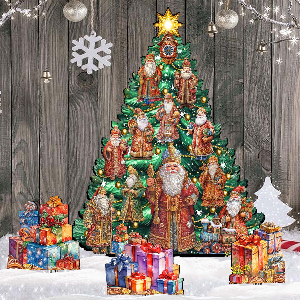 Santa-Themed Christmas Tree Set Outdoor Indoor Decor Wooden Christmas Decoration by G. Debrekht Christmas Decor - 8191517F-G