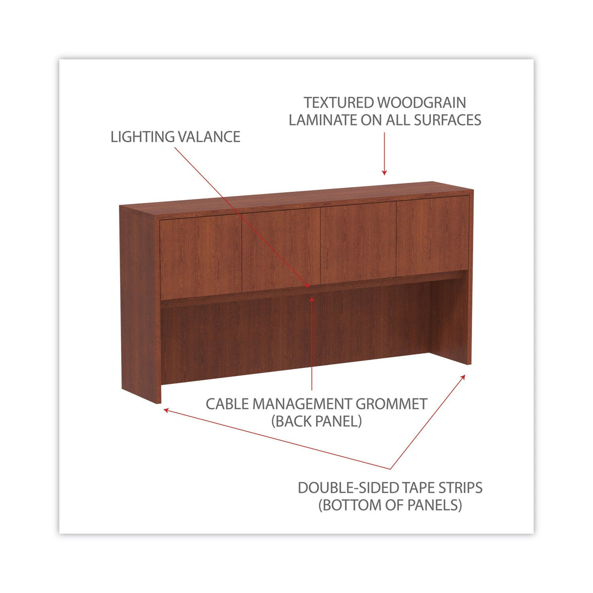 Alera Valencia Series Hutch with Doors, 4 Compartments, 70.63w x 15d x 35.38h, Medium Cherry