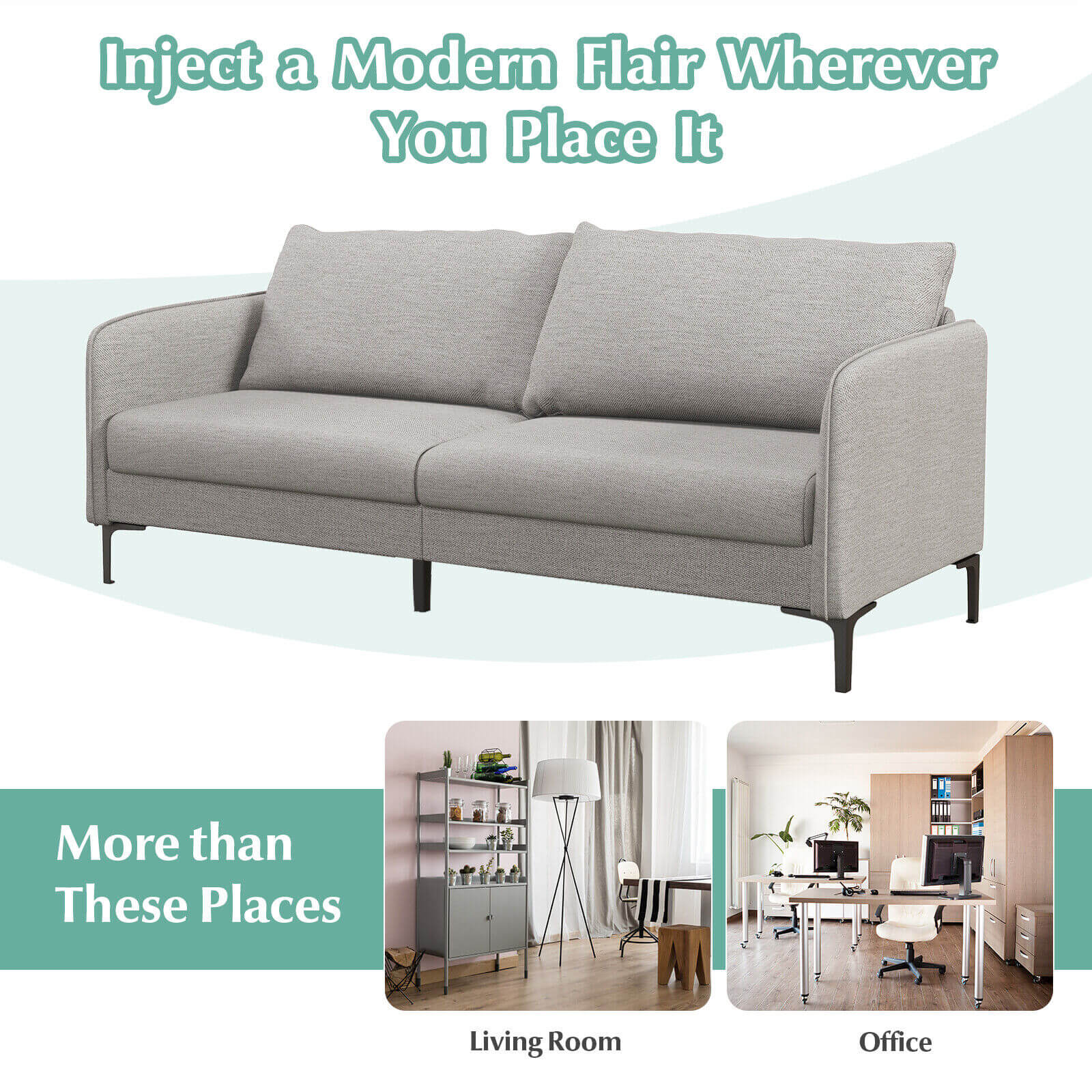 Modern 76 Inch Loveseat Sofa Couch for Apartment Dorm with Metal Legs-Gray