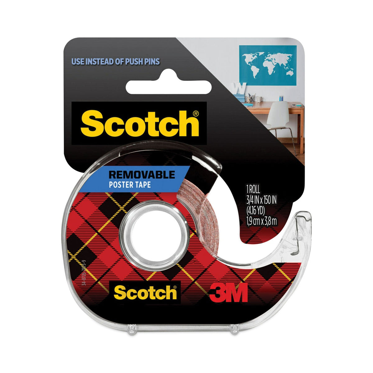 Scotch Wallsaver Removable Poster Tape with Dispenser, 1" Core, 0.75" x 12.5 ft, Clear