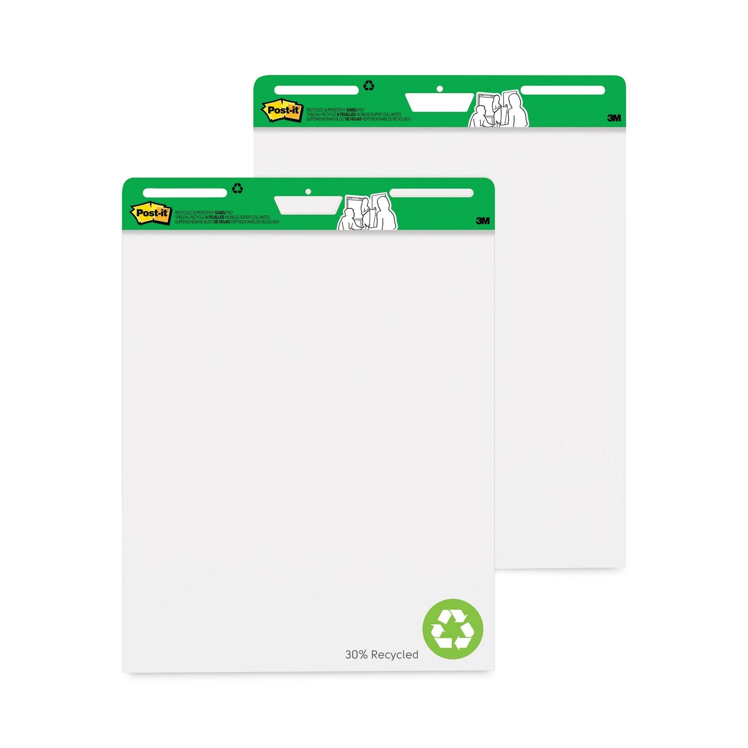 Post-it Vertical-Orientation Self-Stick Easel Pads, Green Headband, Unruled, 25 x 30, White, 30 Sheets, 2/Carton