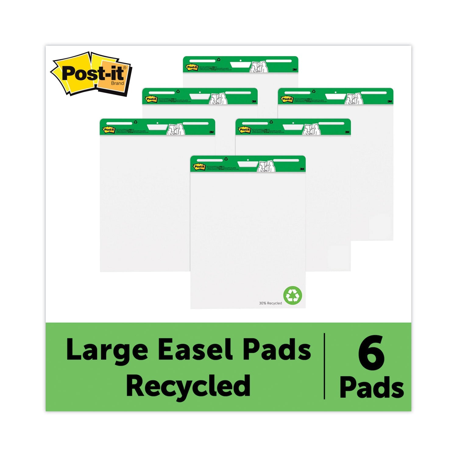 Post-it Vertical-Orientation Self-Stick Easel Pad Value Pack, Green Headband, Unruled, 25 x 30, White, 30 Sheets, 6/Carton