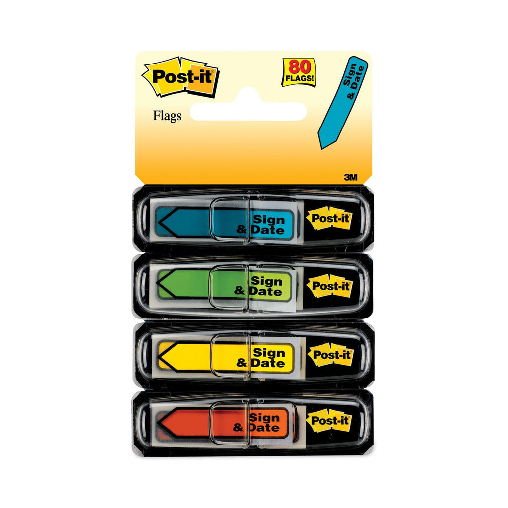 Post-it Arrow Message 0.5" Page Flags, Sign and Date, 4 Primary Colors, 20 Flags/Dispenser, 4 Dispensers/Pack