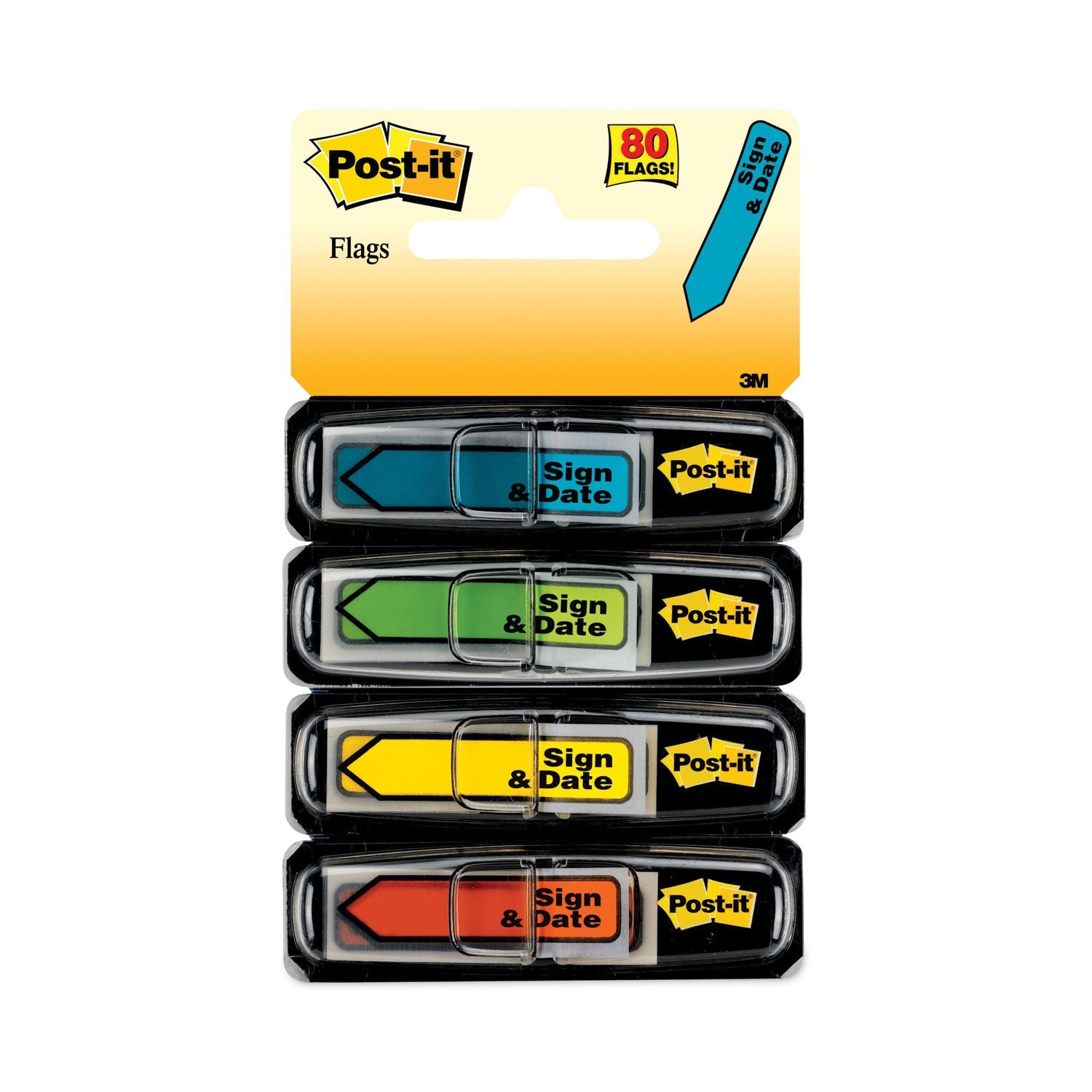 Post-it Arrow Message 0.5" Page Flags, Sign and Date, 4 Primary Colors, 20 Flags/Dispenser, 4 Dispensers/Pack
