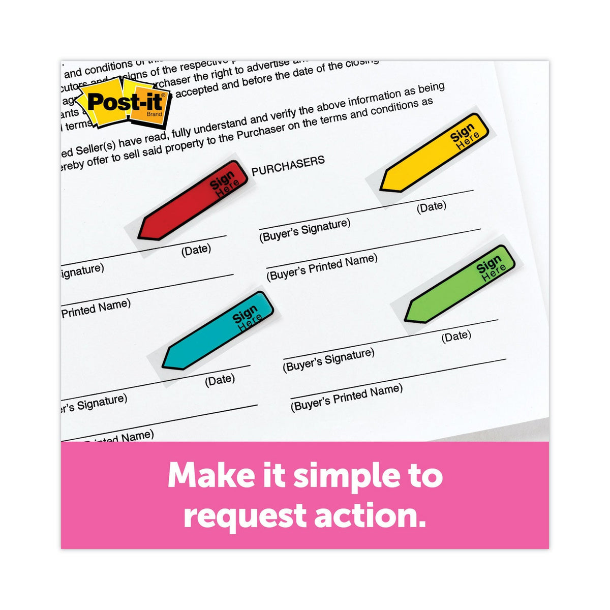 Post-it Arrow Message 0.5" Page Flags, Sign and Date, 4 Primary Colors, 20 Flags/Dispenser, 4 Dispensers/Pack
