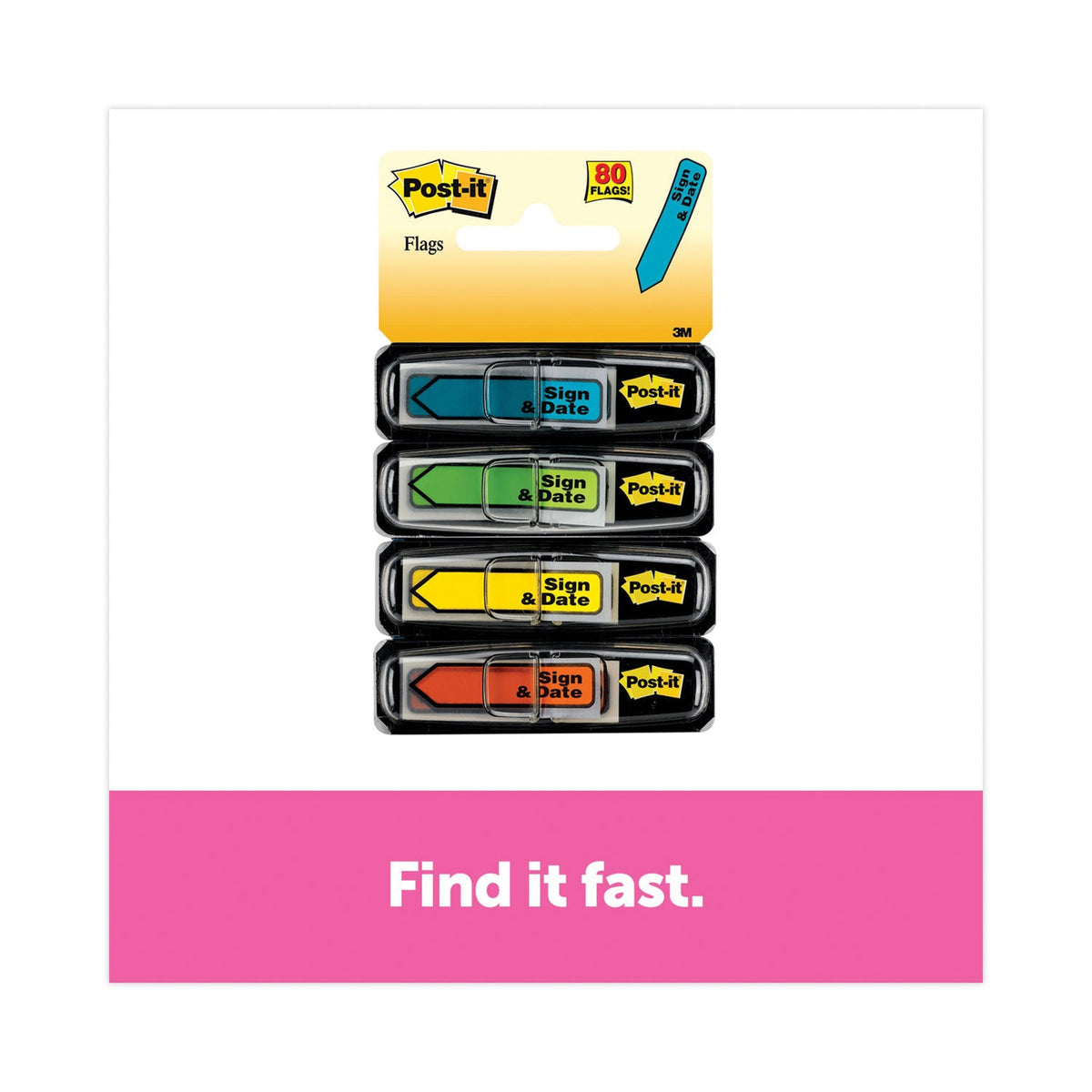 Post-it Arrow Message 0.5" Page Flags, Sign and Date, 4 Primary Colors, 20 Flags/Dispenser, 4 Dispensers/Pack