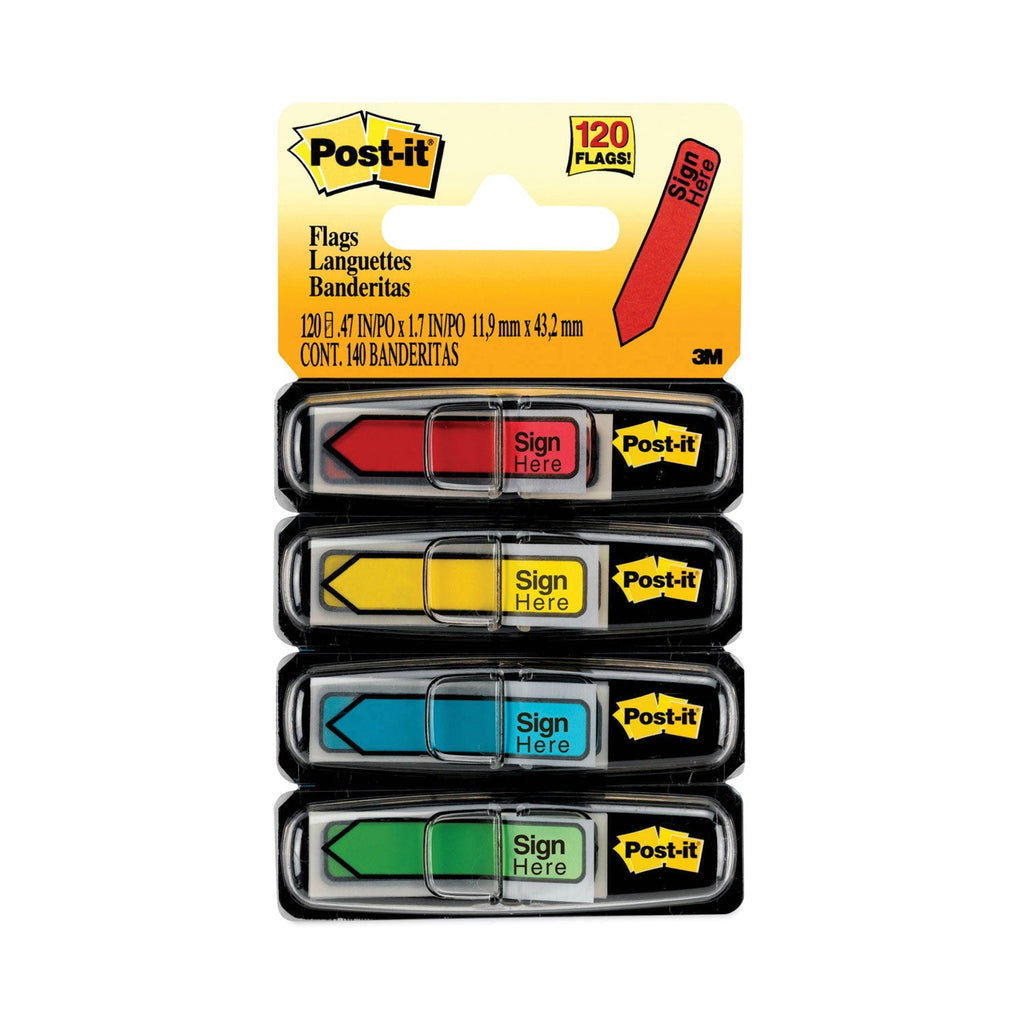 Post-it Arrow Message 0.5" Page Flags w/Dispensers, "Sign Here", Asst Primary, 30 Flags Dispenser, 4 Dispensers/Pack