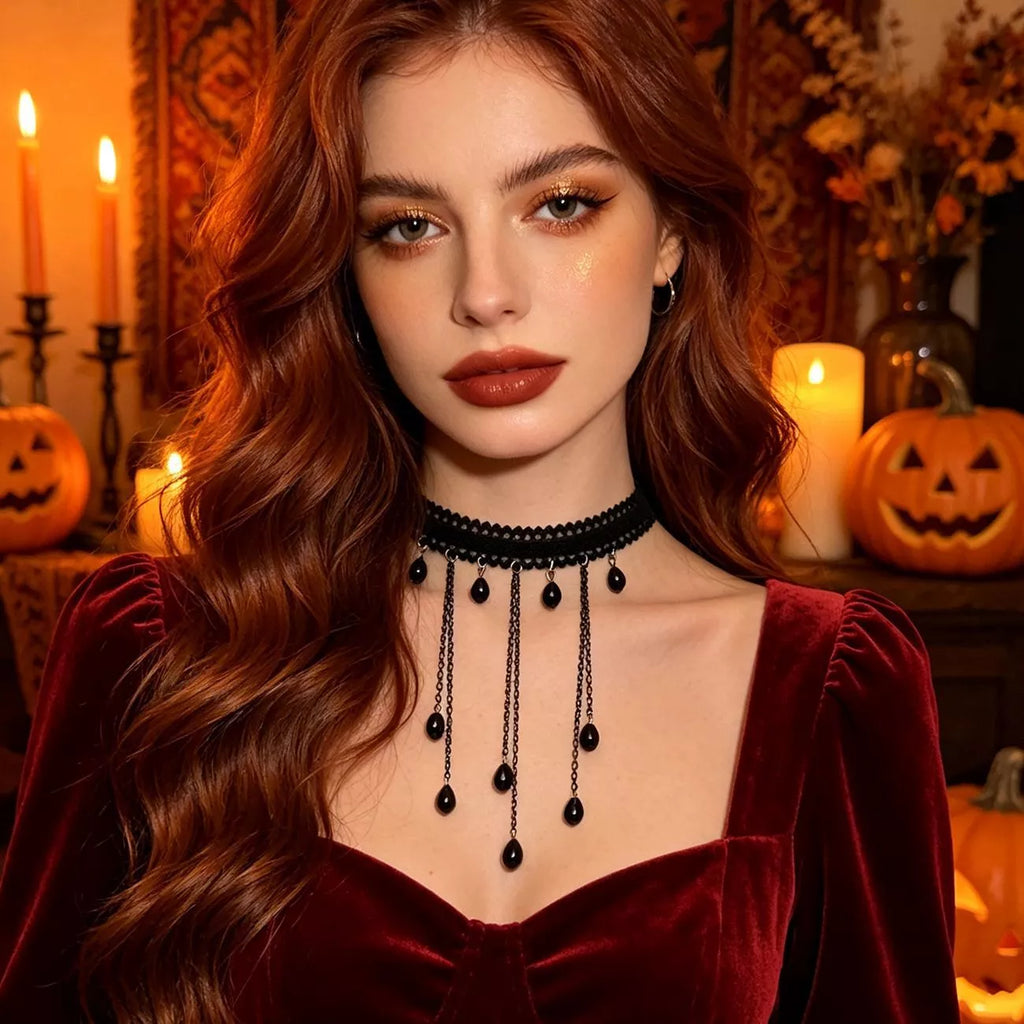 Gothic Lace Choker Necklace with Teardrop Dangle Charms