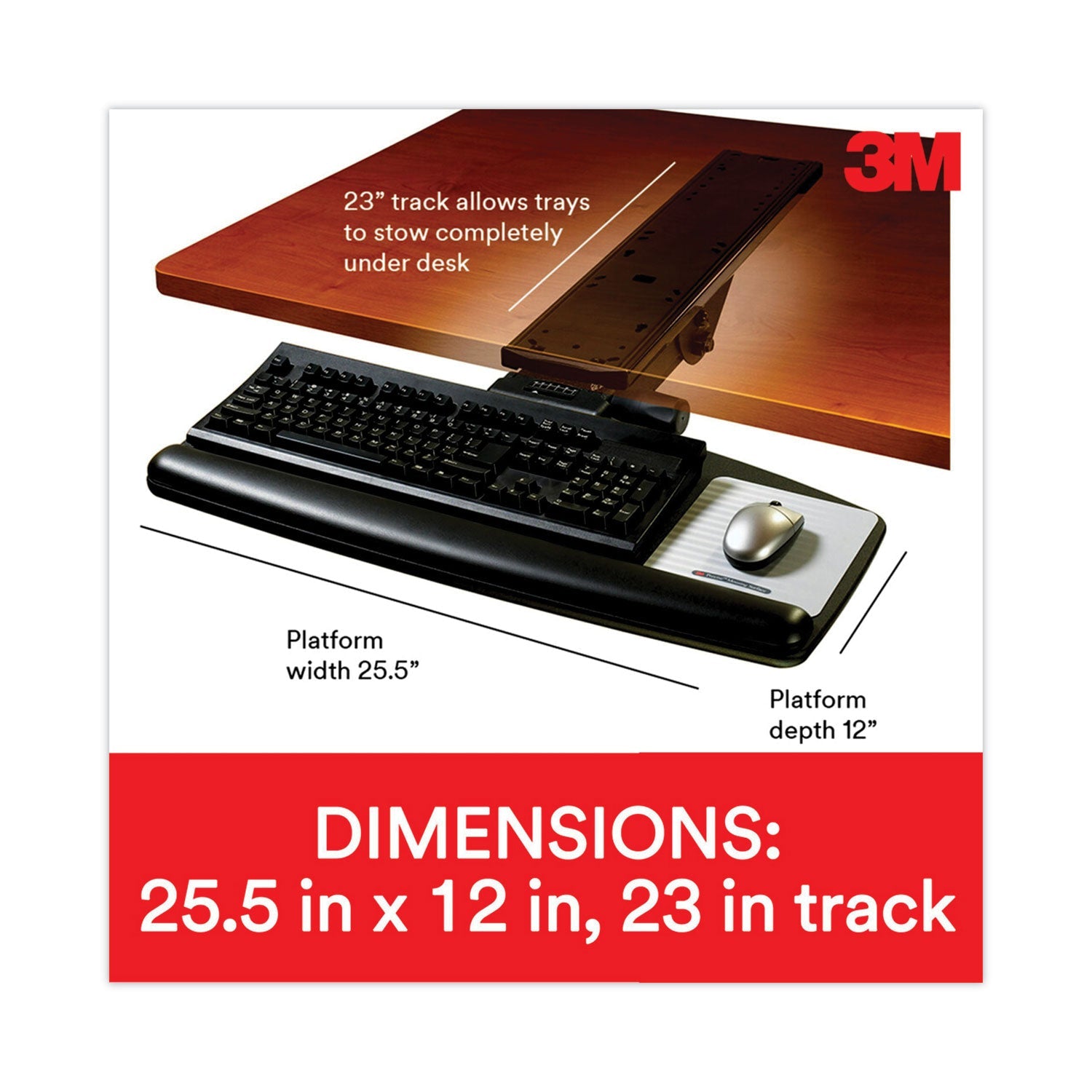 3M Sit/Stand Easy Adjust Keyboard Tray, Standard Platform, 25.5w x 12d, Black