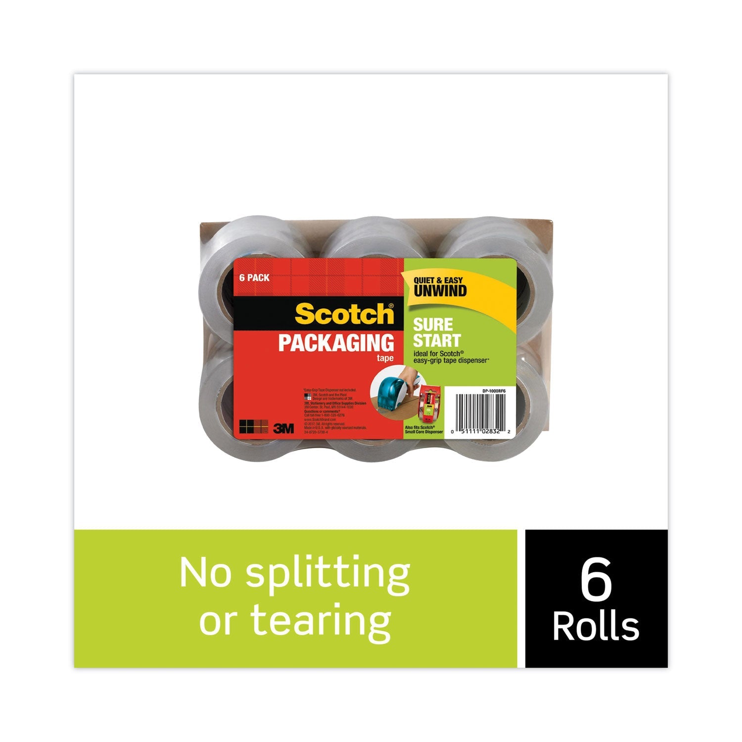 Scotch Sure Start Packaging Tape for DP1000 Dispensers, 1.5" Core, 1.88" x 75 ft, Clear, 6/Pack