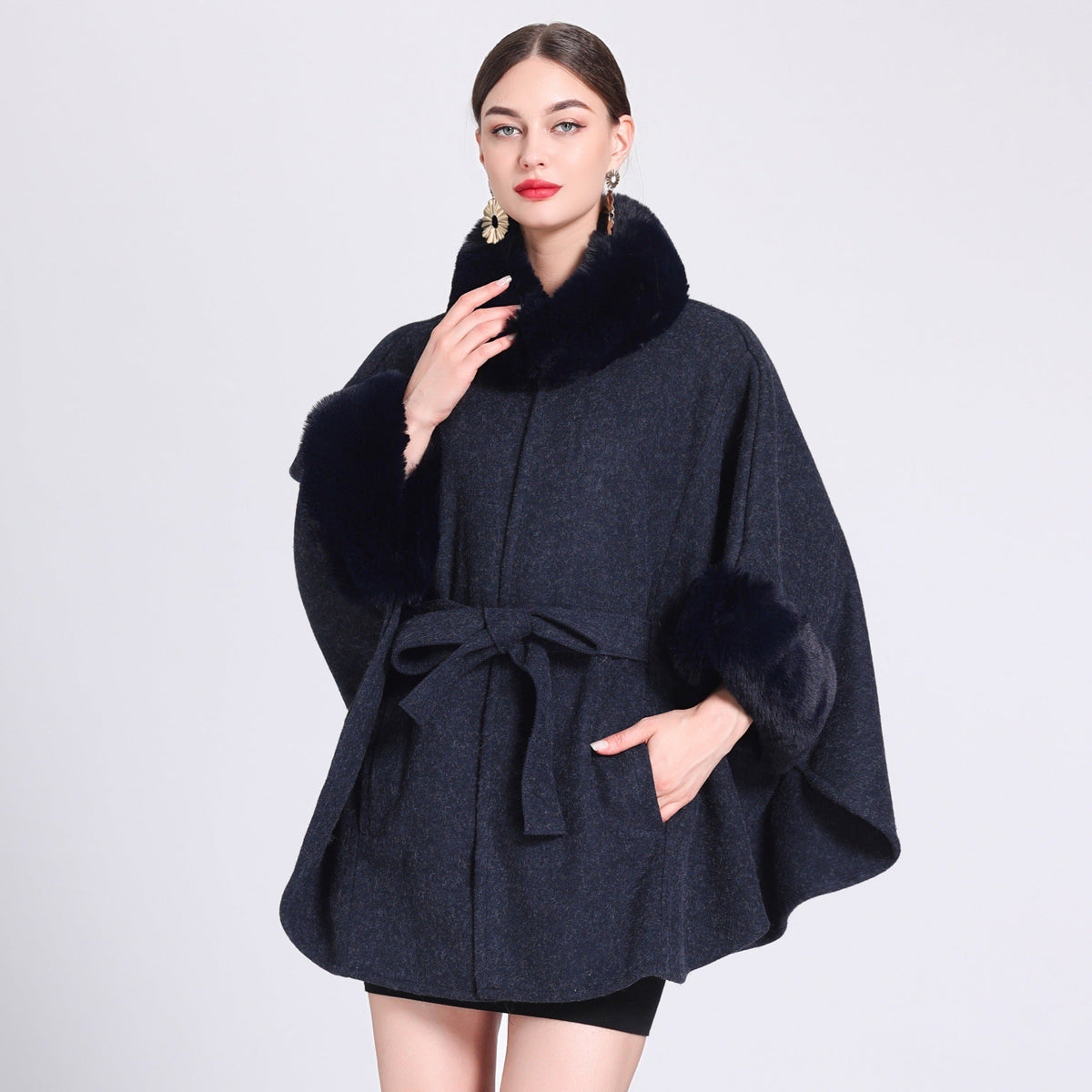 Fur Collar Tie Knitted Cape Women's Wool Plus Size Women's Clothing