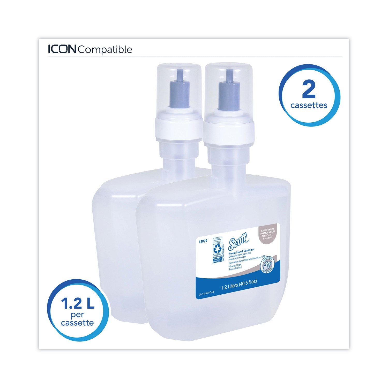 Scott Essential Alcohol-Free Foam Hand Sanitizer, 1,200 mL, Unscented, 2/Carton