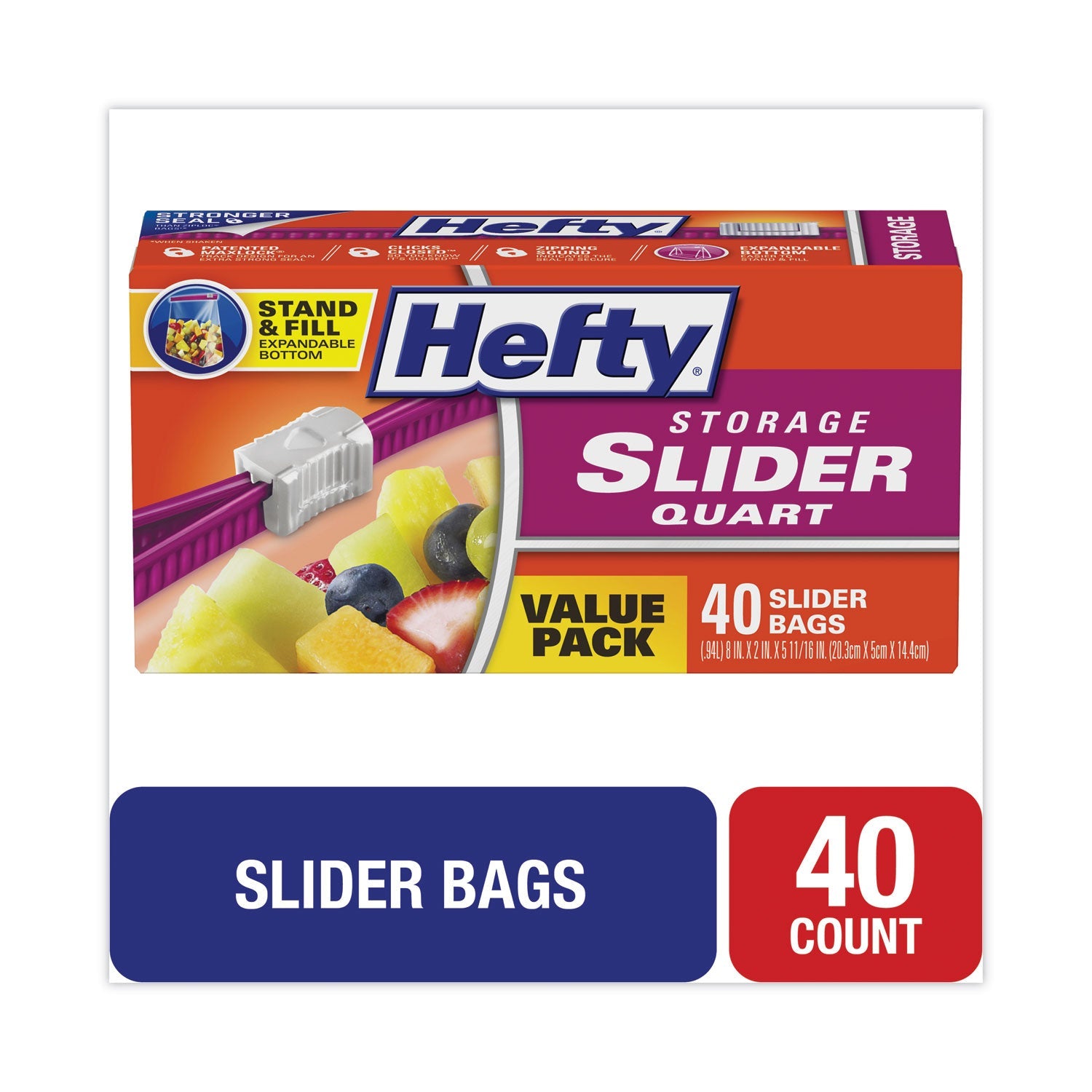 Hefty Slider Bags, 1 qt, 1.5 mil, 8" x 7", Clear, 40/Box