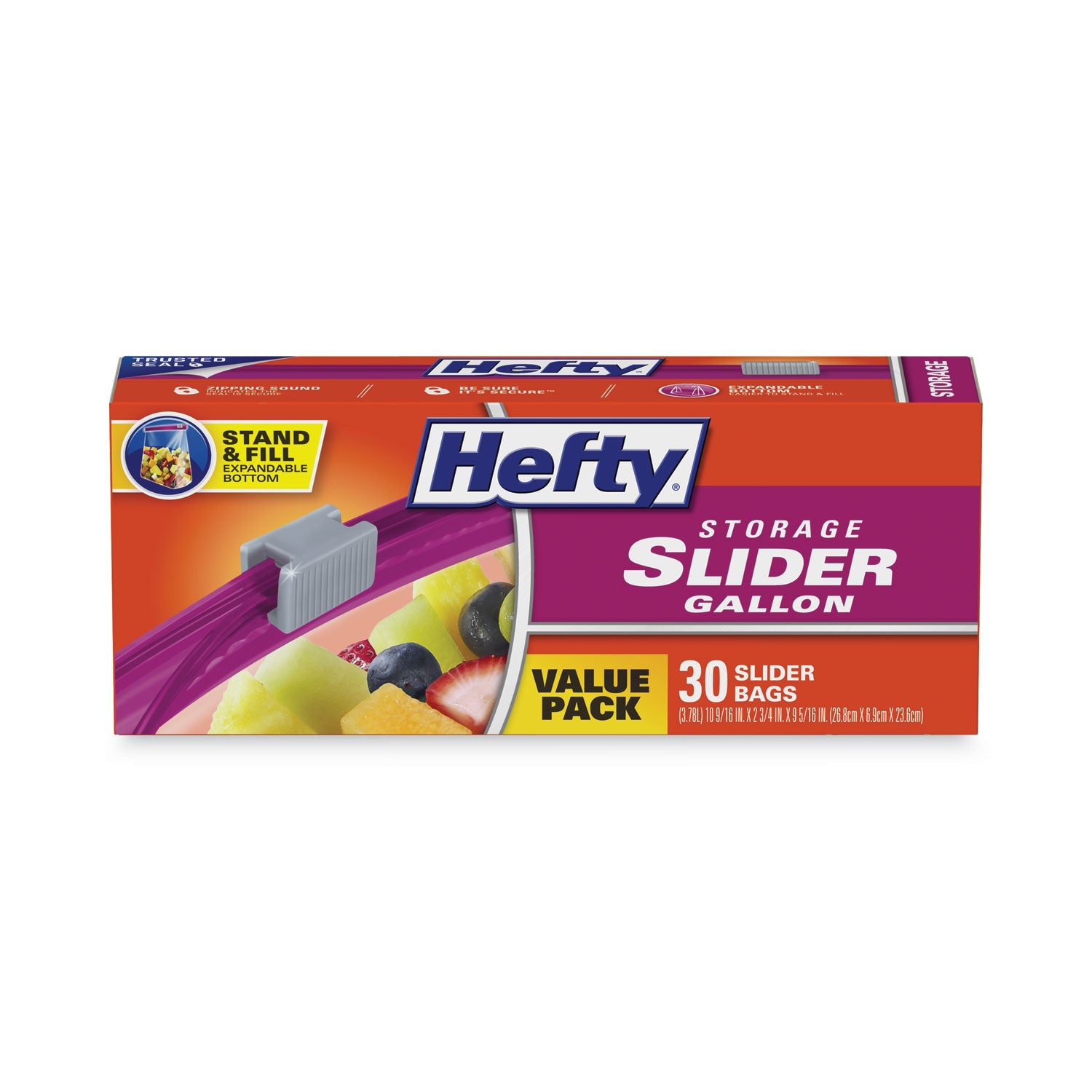Hefty Slider Bags, 1 gal, 1.5 mil, 10.56" x 11", Clear, 30/Box