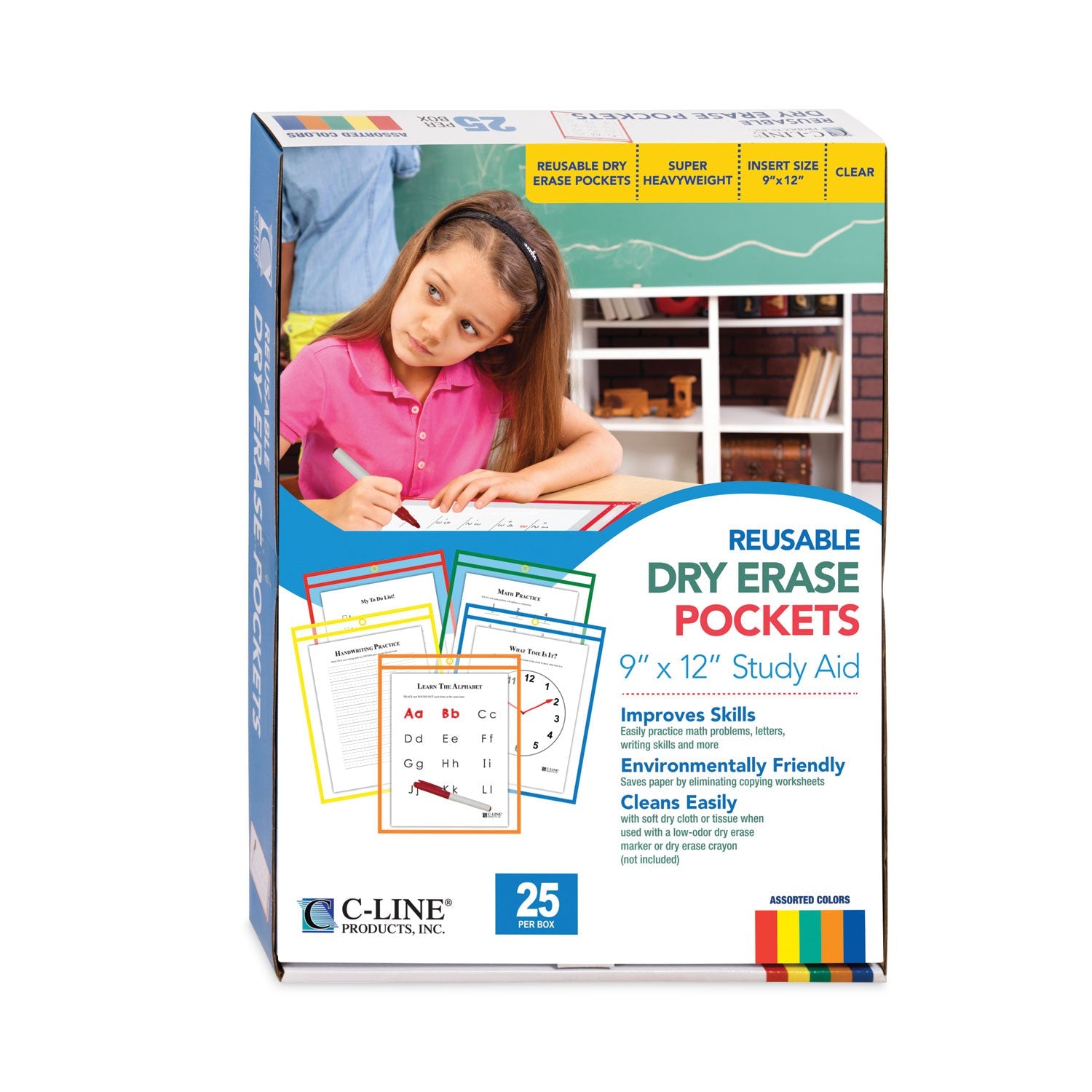 C-Line Reusable Dry Erase Pockets, 9 x 12, Assorted Primary Colors, 25/Box