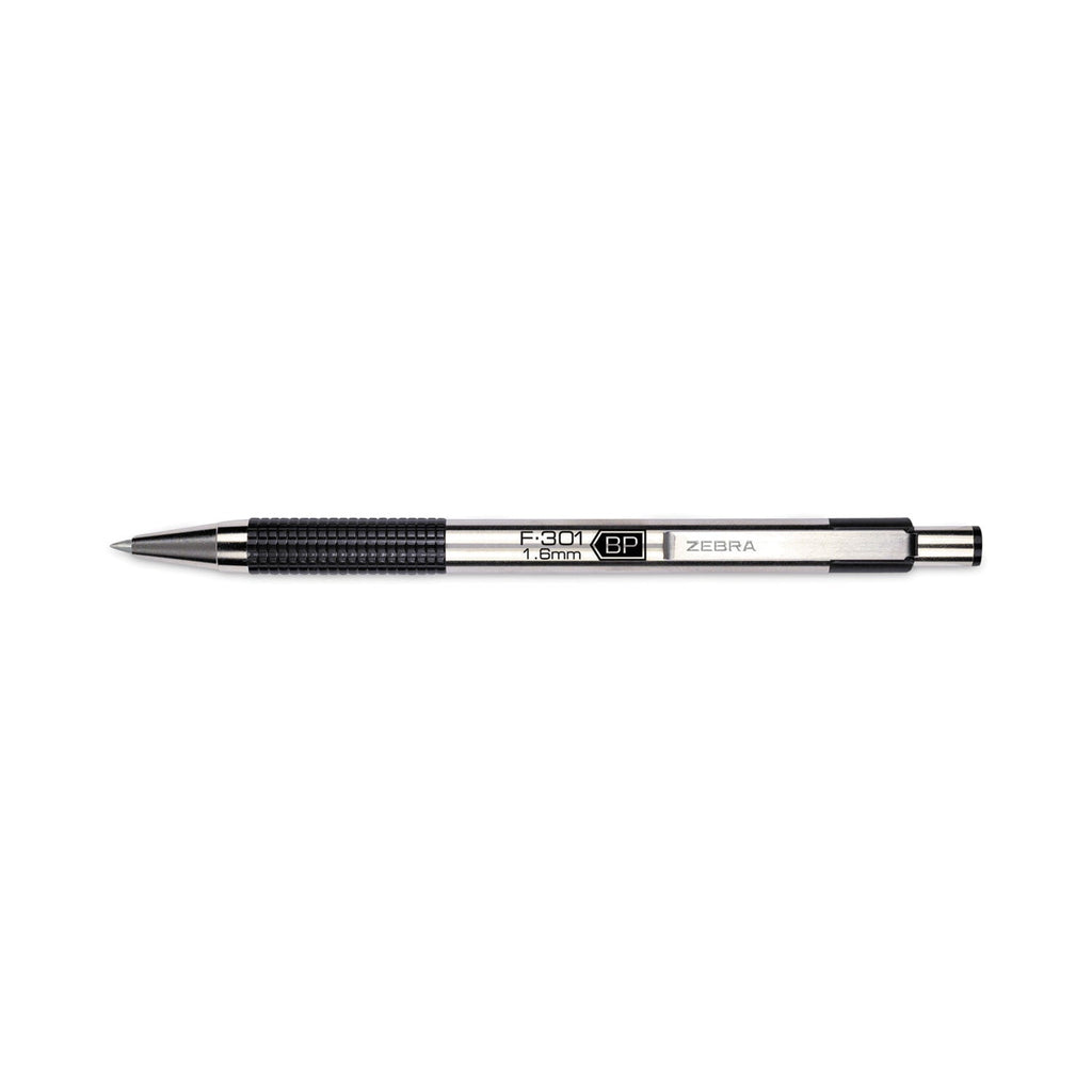 Zebra F-301 Ballpoint Pen, Retractable, Bold 1.6 mm, Black Ink, Stainless Steel/Black Barrel, 12/Pack
