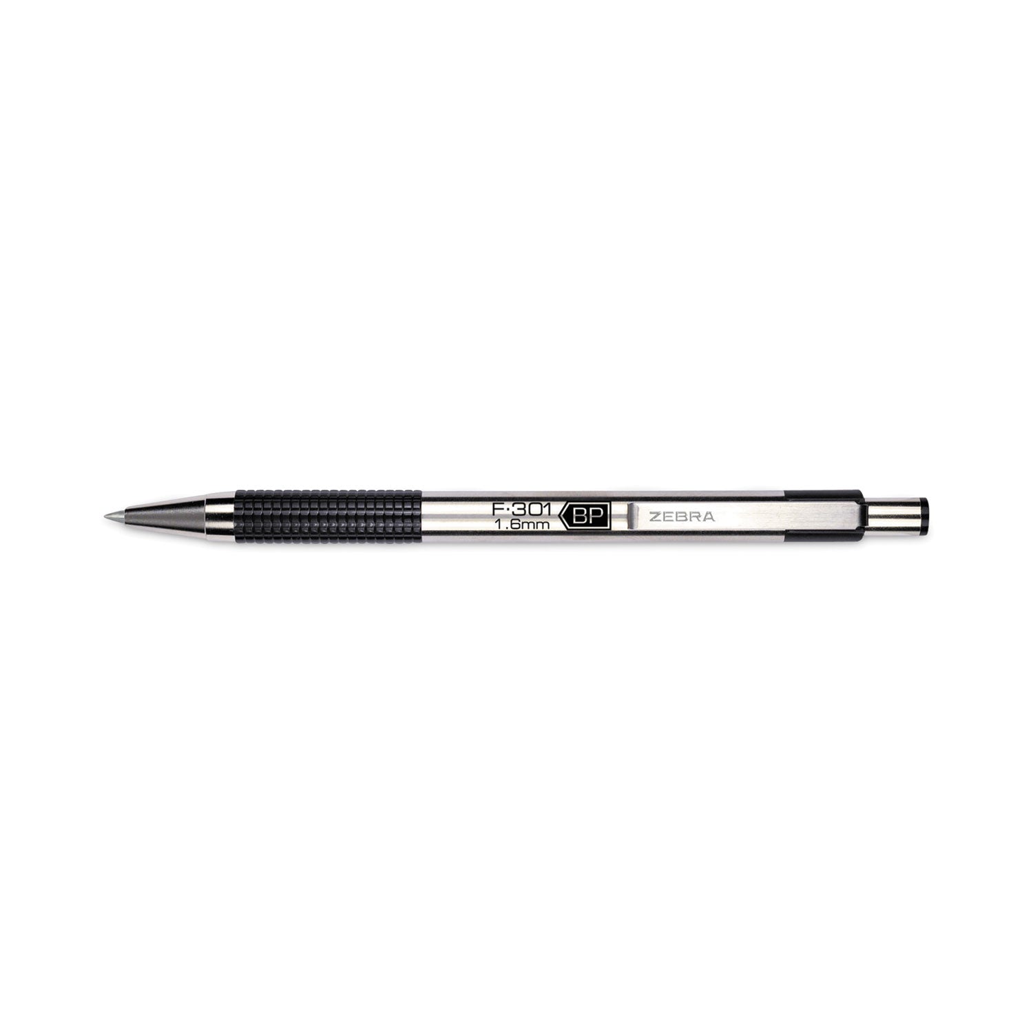 Zebra F-301 Ballpoint Pen, Retractable, Bold 1.6 mm, Black Ink, Stainless Steel/Black Barrel, 12/Pack