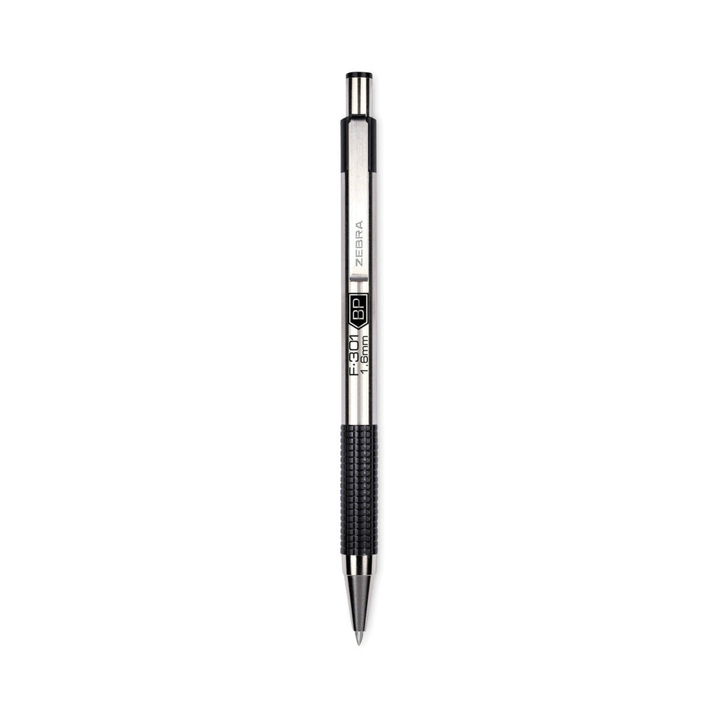 Zebra F-301 Ballpoint Pen, Retractable, Bold 1.6 mm, Black Ink, Stainless Steel/Black Barrel, 12/Pack