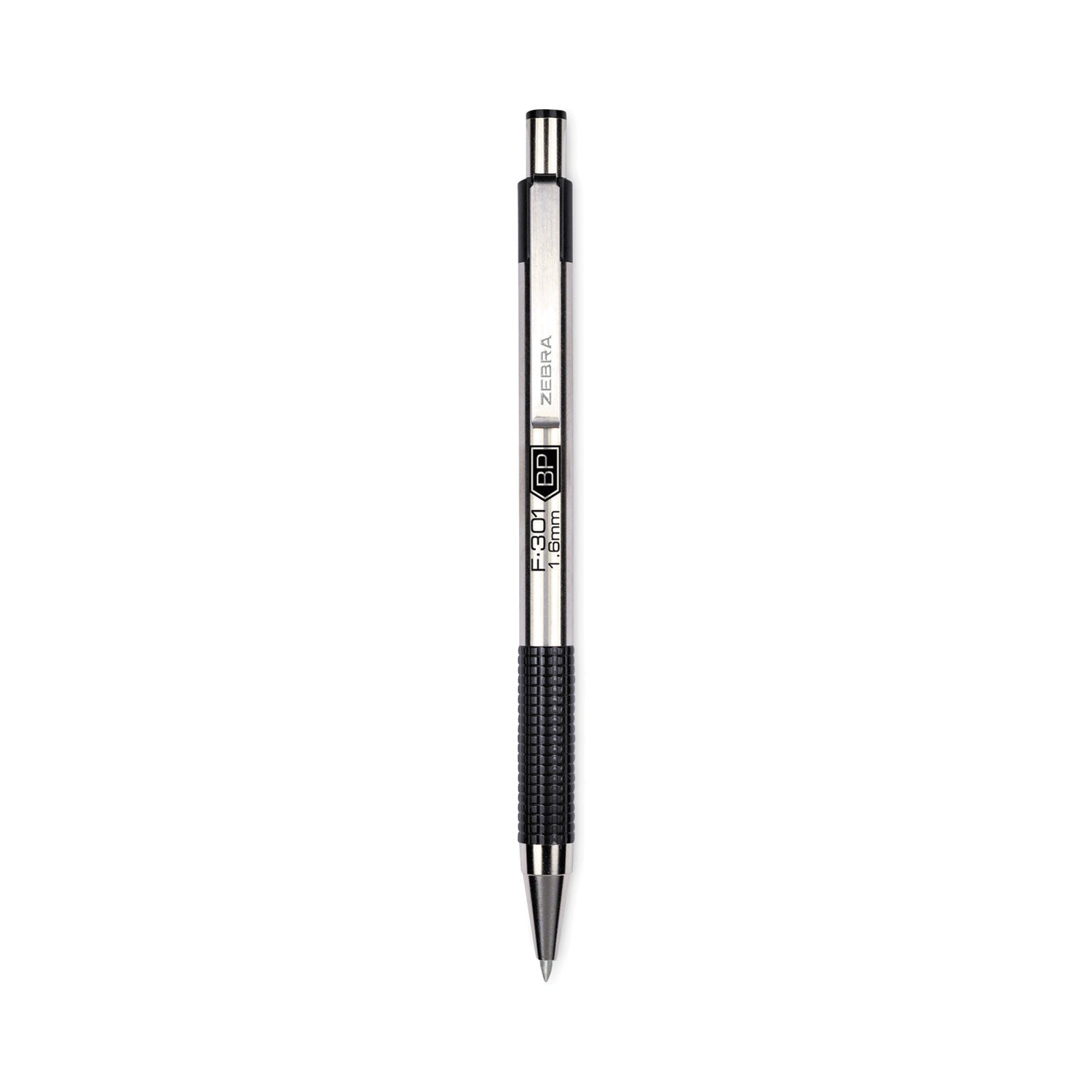 Zebra F-301 Ballpoint Pen, Retractable, Bold 1.6 mm, Black Ink, Stainless Steel/Black Barrel, 12/Pack