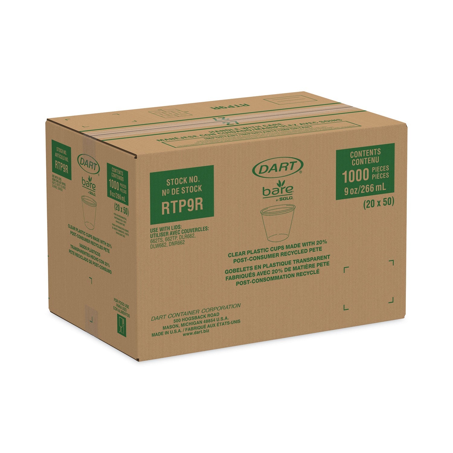 Dart Bare Eco-Forward RPET Cold Cups, 9 oz, Leaf Design, Clear/Green/Orange, 1,000/Carton