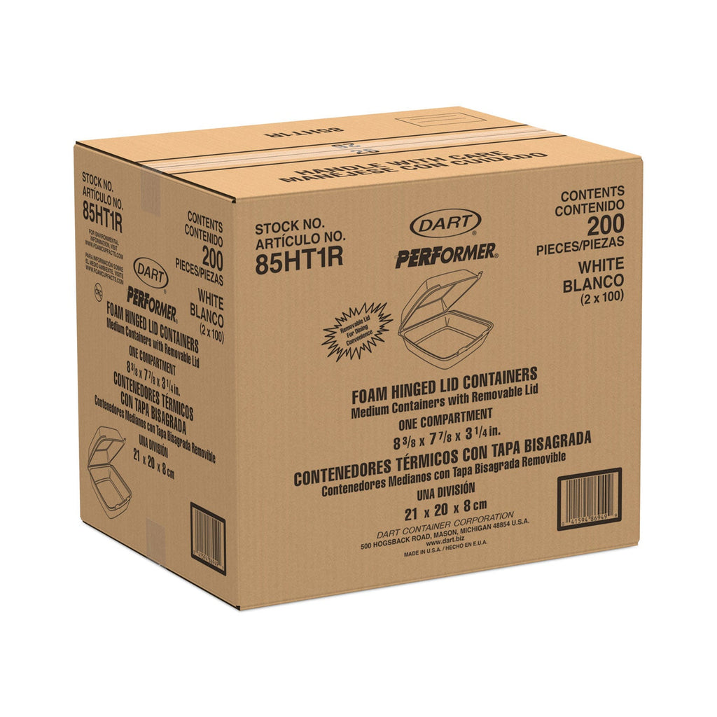 Dart Foam Hinged Lid Containers, 1-Compartment, 8.38 x 7.78 x 3.25, White, 200/Carton