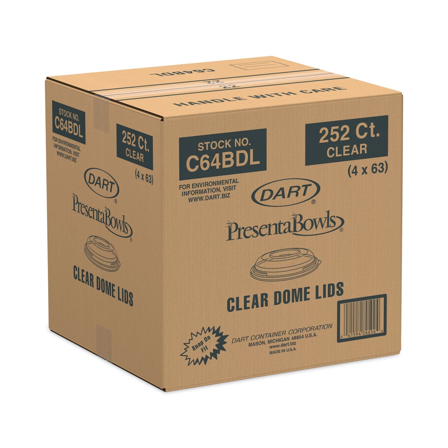 Dart PresentaBowls Clear Dome Lids, 7.3 Diameter x 1.1 h, Clear, Plastic, 63 Lids/Bag, 4 Bags/Carton