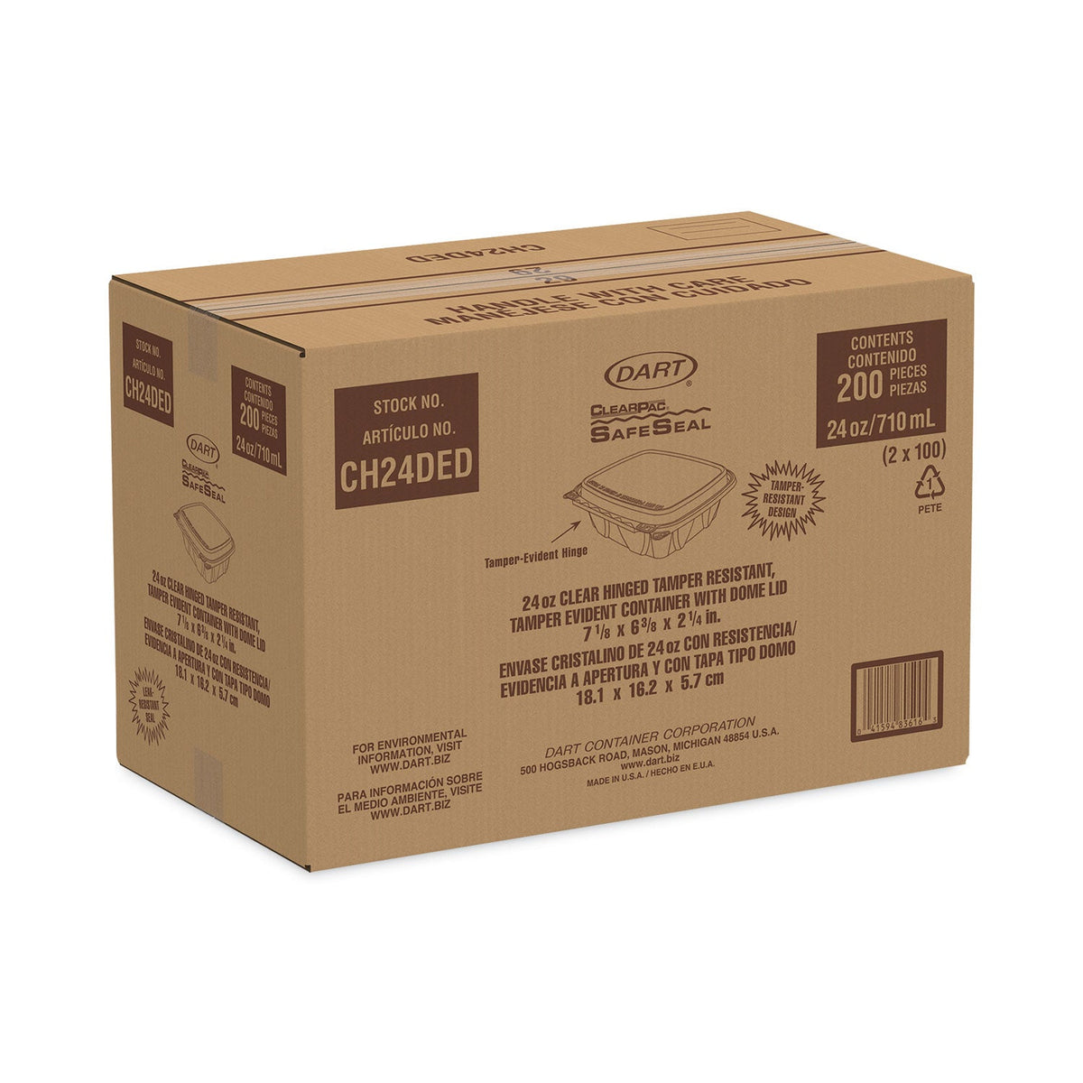 Dart ClearPac SafeSeal Tamper-Resistant/Evident Containers, Domed Lid, 24 oz, 6.4 x 2.3 x 7.1, Clear, Plastic, 100/Bag, 2 Bags/CT