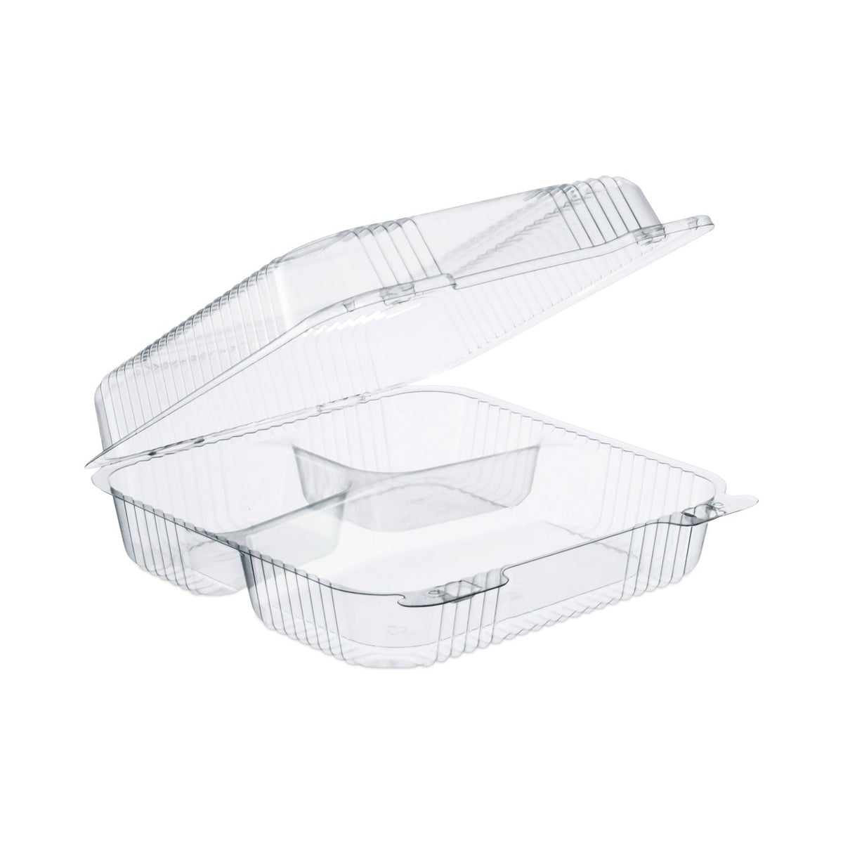 Dart StayLock Clear Hinged Lid Containers, 3-Compartment, 8.6 x 9 x 3, Clear, Plastic, 100/Packs, 2 Packs/Carton