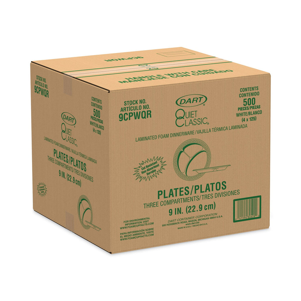 Dart Laminated Foam Plates, 3-Compartment, 9" dia, White, 125/Pack, 4 Packs/Carton