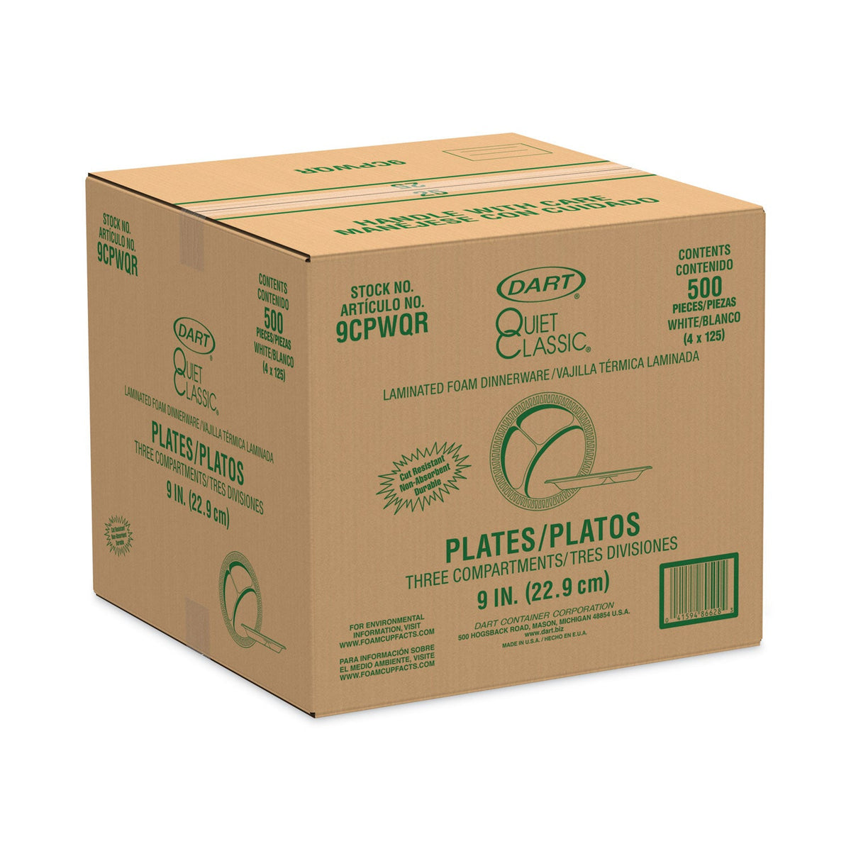 Dart Laminated Foam Plates, 3-Compartment, 9" dia, White, 125/Pack, 4 Packs/Carton