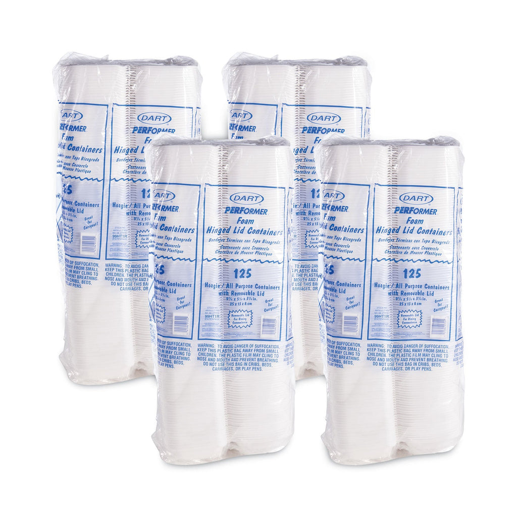 Dart Foam Hinged Lid Container, Hoagie Container with Removable Lid, 5.3 x 9.8 x 3.3, White, 125/Bag, 4 Bags/Carton